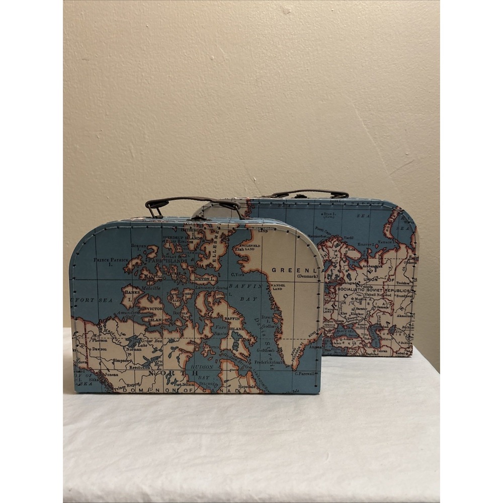 Jewelkeeper Set of 2 Paperboard Suitcase Storage Box World Map Travel Theme Blue